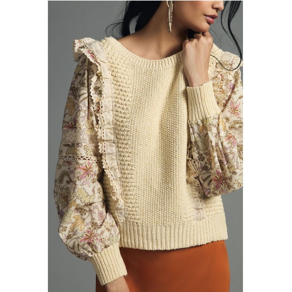 By Anthropologie Floral Printed-Sleeve Ruffle Sweater Cream - Large